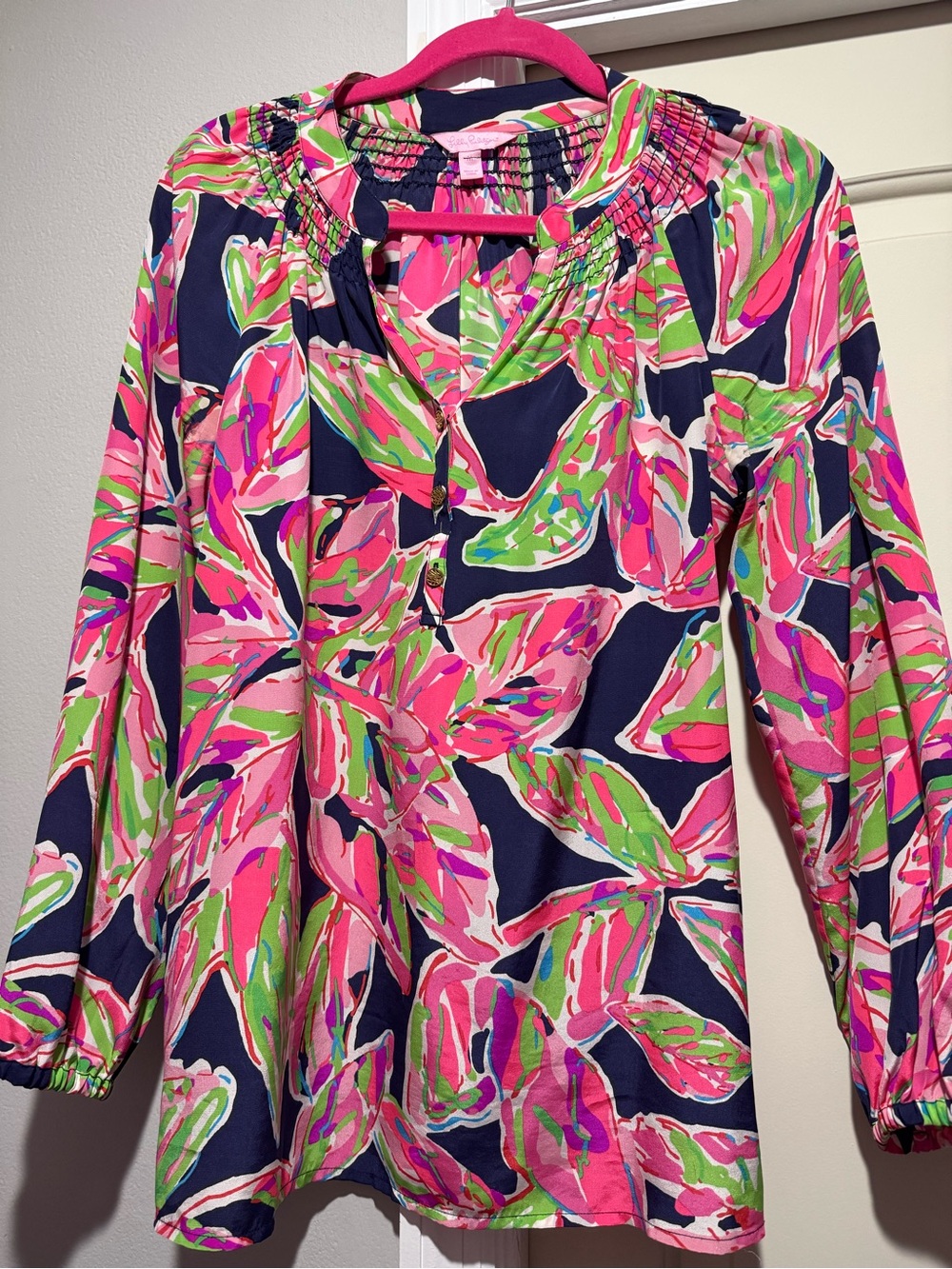 Lilly Pulitzer Navy Tunic with Pink & Green Leaf Print